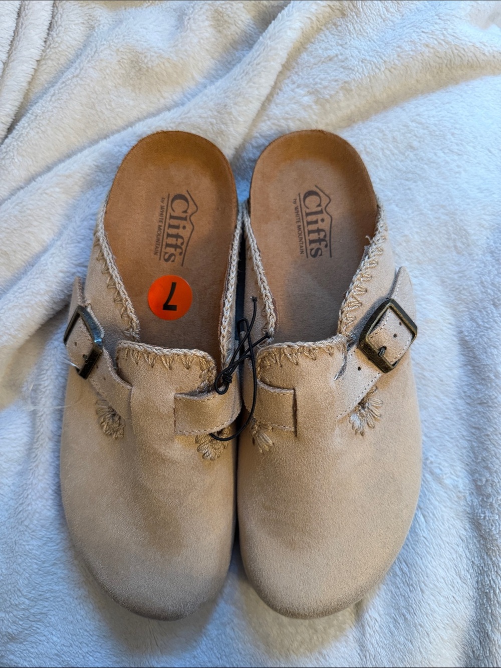 White Mountain Beige Suede Buckle Clog Mules